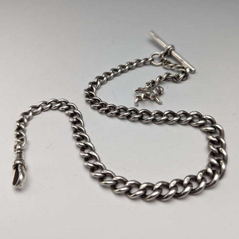 Circa 1900 British Antique Sterling Silver Albert Chain 29g Sterling Silver Lion Fob